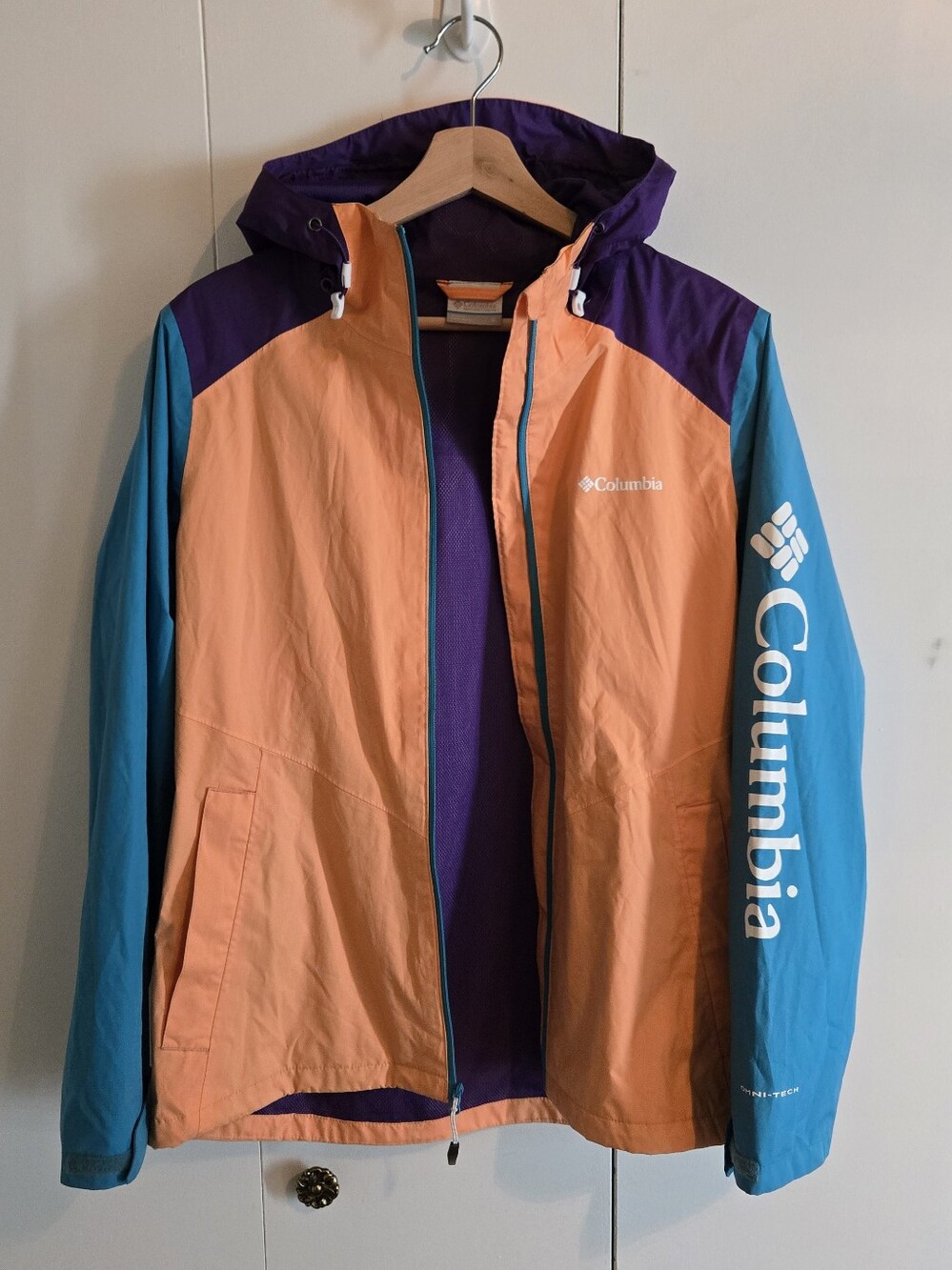 Columbia Peach, Teal & Purple Hooded Colorblock Ski Jacket